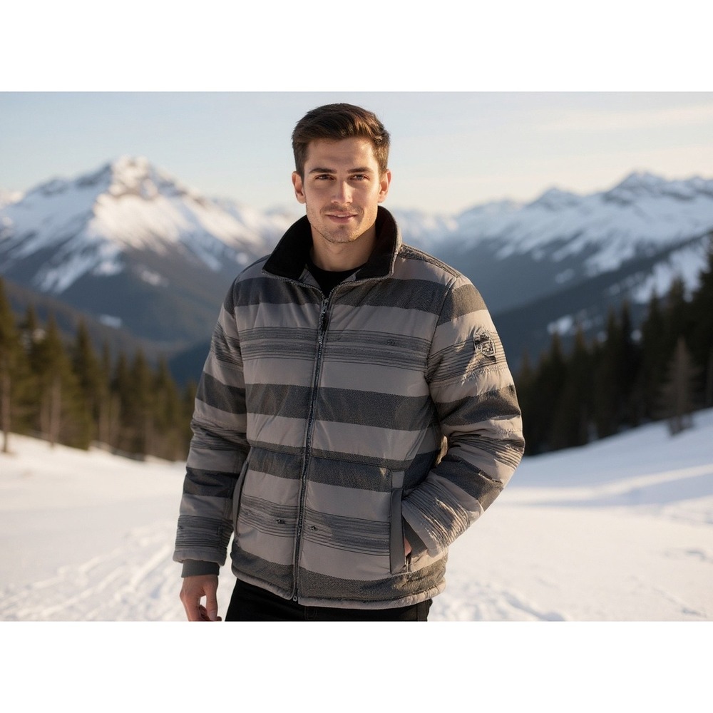 Quiksilver Men's Puffer Jacket Gray Black Stripe Full‎ Zip Winter Warm Size XXL